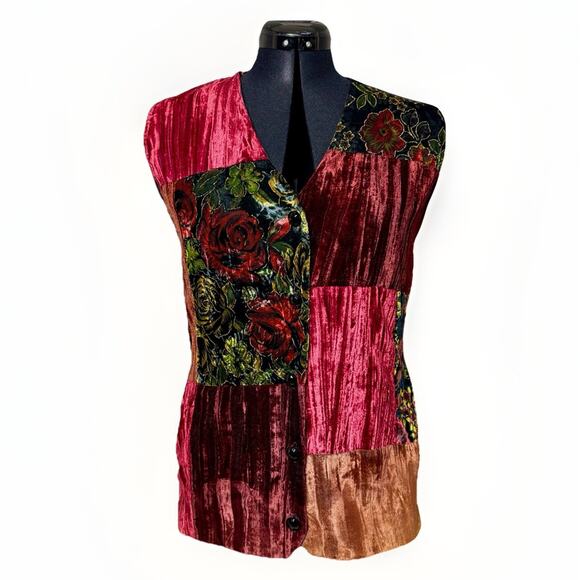 Vintage Crushed Velvet Patchwork S/M Button Front Vest Floral Cottage Reworked - Picture 1 of 9